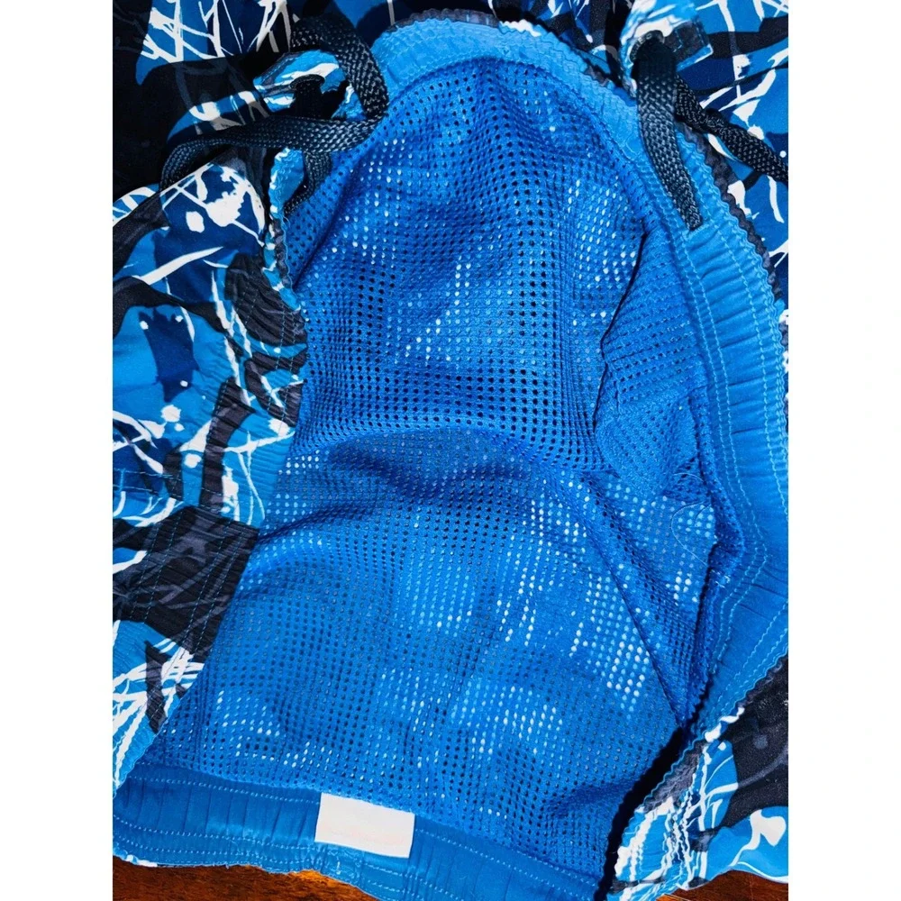 Speedo Mens Blue Abstract Print Swim Trunks Mesh Lined Cargo Pocket Board Shorts